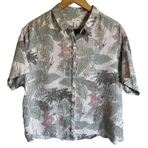 artisanNY 100% Linen Size Large Button Up Collared Cropped Short Sleeve Tropical